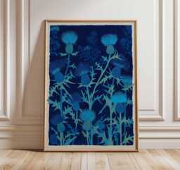 Scottish Thistle Wall Art, Linocut Style Print, Blue Botanical Poster, Floral Nature Decor, Scotland National Flower Art, Elegant Wall Art - thumbnail 1