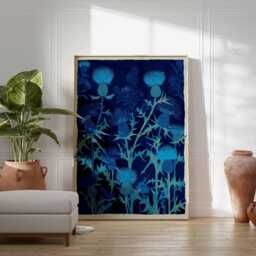 Scottish Thistle Wall Art, Linocut Style Print, Blue Botanical Poster, Floral Nature Decor, Scotland National Flower Art, Elegant Wall Art - thumbnail 2