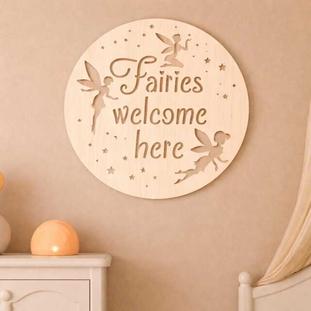 Wooden Fairy Sign - Boho Nursery Decor Whimsical Bedroom Theme Woodland Wall Decal Girls