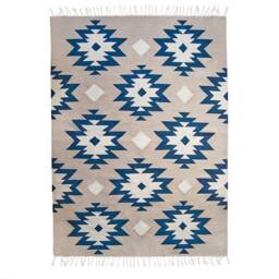 Southwestern Flatwoven Kilim Rug - Living Room Aesthetic Rugs 2x3 5x8 8x10 9x12 Trendy Low Pile Blue Beige Off White Turkish Aztec - thumbnail 2