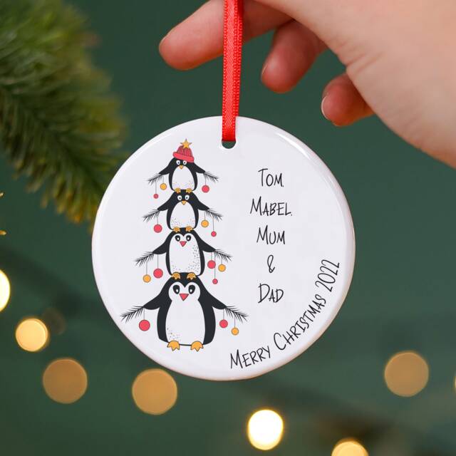 Personalised Penguin Family Christmas Ceramic Tree Decoration - image 1