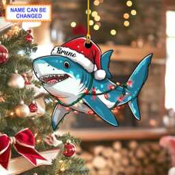 Custom Name Shark With Santa Hat Christmas Lights Ornament, Tree Hanging Decor, Flat 2D Ornament