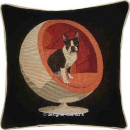 Boston Terrier in A Red Retro Chair Black Tapestry Cushion Cover Sham - thumbnail 1