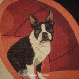Boston Terrier in A Red Retro Chair Black Tapestry Cushion Cover Sham - thumbnail 2