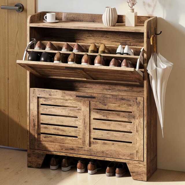 Rustic Brown Engineered Wood Shoe Storage Cabinet Slim Hallway Organizer - image 1