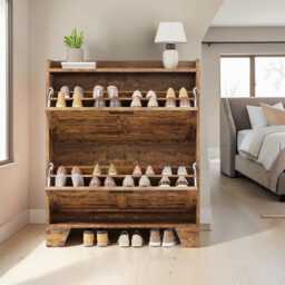 Rustic Brown Engineered Wood Shoe Storage Cabinet Slim Hallway Organizer - thumbnail 2