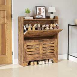 Rustic Brown Engineered Wood Shoe Storage Cabinet Slim Hallway Organizer - thumbnail 3