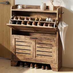 Rustic Brown Engineered Wood Shoe Storage Cabinet Slim Hallway Organizer - thumbnail 1