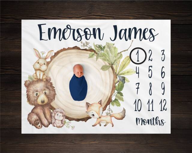 Woodland Milestone Blanket Personalized Month Forrest Baby New Growth Photo Prop Shower Gift - image 1