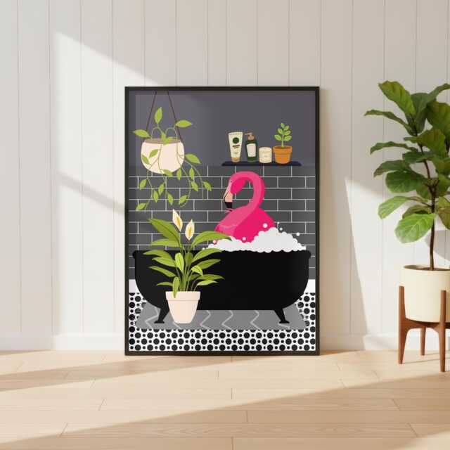 Flamingo in Bathtub Art Print, Fun Bathroom Decor - image 1