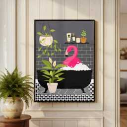 Flamingo in Bathtub Art Print, Fun Bathroom Decor - thumbnail 2