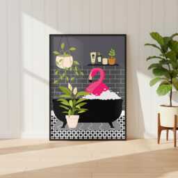 Flamingo in Bathtub Art Print, Fun Bathroom Decor - thumbnail 1