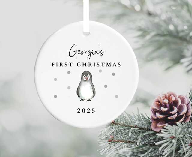 Personalised Baby's Cute Penguin First 1st Christmas 2025 Ceramic Tree Ornament Bauble - Custom Keepsake Decoration Gift For Boys Girls - image 1