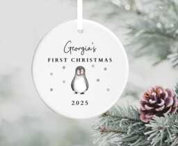 Personalised Baby's Cute Penguin First 1st Christmas 2025 Ceramic Tree Ornament Bauble - Custom Keepsake Decoration Gift For Boys Girls - thumbnail 1