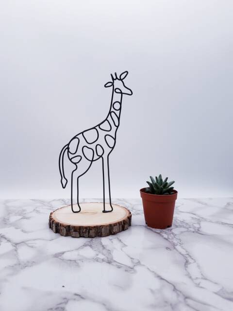 Wire Giraffe Sculpture, Aluminum Animal Art On Basswood - image 1