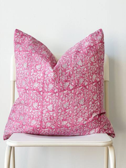 Pink Floral Block Print Pillow Cover Indian Batik Textile - image 1