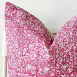 Pink Floral Block Print Pillow Cover Indian Batik Textile - thumbnail 2