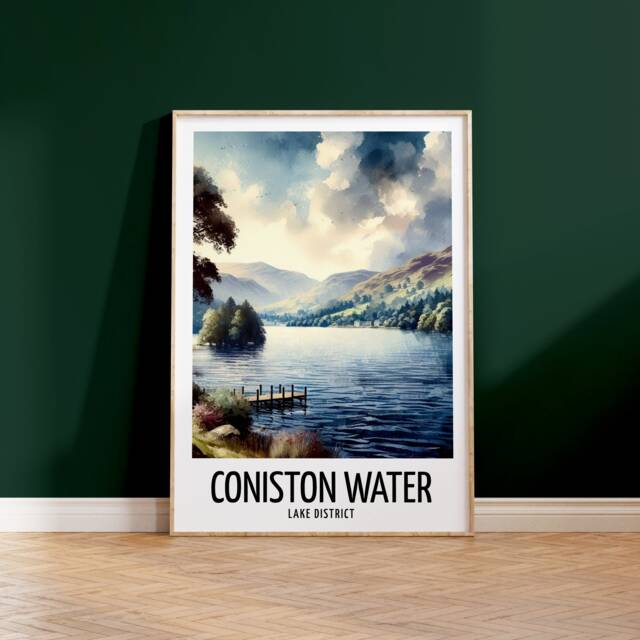 Coniston Water Travel Print - Watercolour Poster Design - Wall Artwork Lake District UK Gifts Home Decor Art Gift Picture - image 1