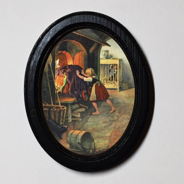 Hansel & Gretel Black Oval Wooden Framed Picture, Gothic Print, Witchy Wall Hanging, Pushes The Witch in The Oven - image 1