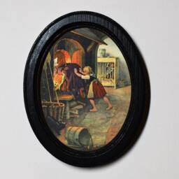 Hansel & Gretel Black Oval Wooden Framed Picture, Gothic Print, Witchy Wall Hanging, Pushes The Witch in The Oven - thumbnail 1