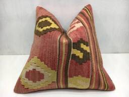 Vintage Turkish Kilim Pillow Cover, Handwoven Throw Cushion - 16x16 - thumbnail 1