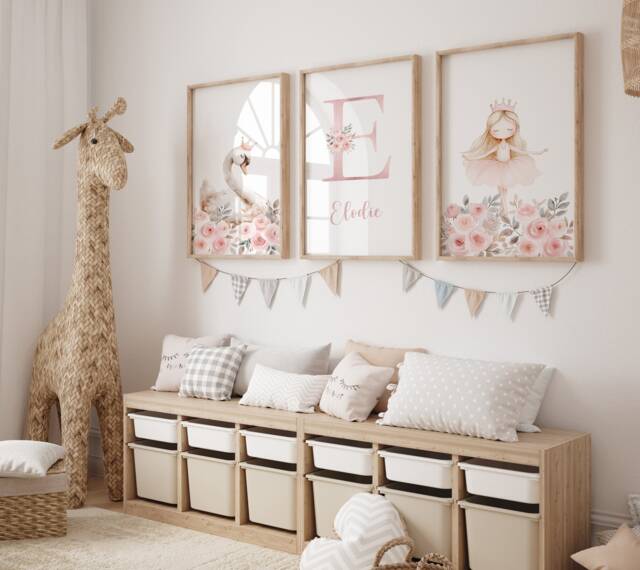 Set Of 3 Pink Ballerina Nursery Print Set Personalised Girls Room Decor - image 1