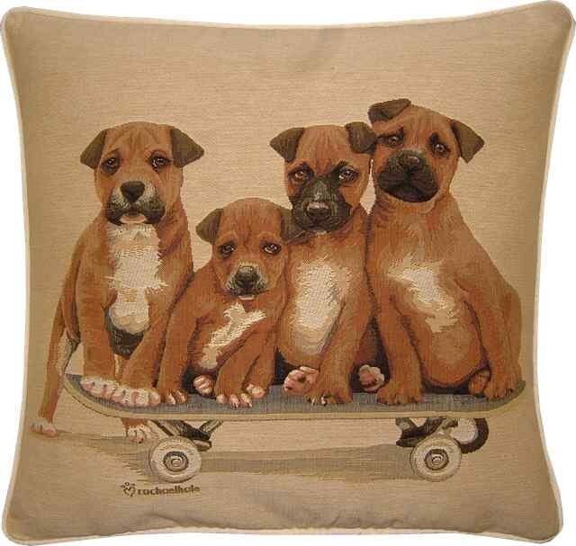 staffordshire Bull Terrier Puppies On Skateboard Woven Tapestry Cushion Cover Sham - image 1