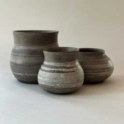 Set Of 3 Handmade Ceramic Vases in Natural Gray With Brushed Glaze Accents - thumbnail 1