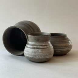 Set Of 3 Handmade Ceramic Vases in Natural Gray With Brushed Glaze Accents - thumbnail 2
