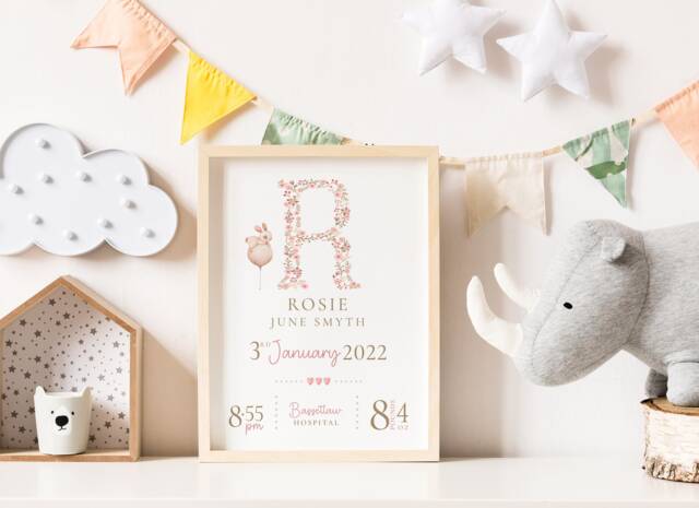 New Baby Personalised Print Birth Stats Details Keepsake Gift, Newborn Nursery Decor, Pink Rabbit - image 1