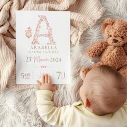 New Baby Personalised Print Birth Stats Details Keepsake Gift, Newborn Nursery Decor, Pink Rabbit - thumbnail 2