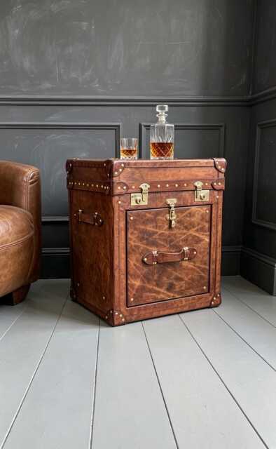Vintage Style Side Table - Medium Brown Hand Dyed Leather Chest Bespoke Lift Lid Drawer - image 1