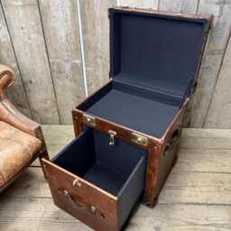 Vintage Style Side Table - Medium Brown Hand Dyed Leather Chest Bespoke Lift Lid Drawer - thumbnail 3