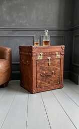 Vintage Style Side Table - Medium Brown Hand Dyed Leather Chest Bespoke Lift Lid Drawer - thumbnail 1