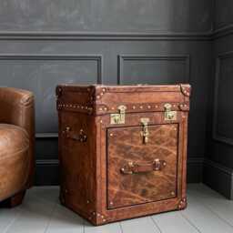 Vintage Style Side Table - Medium Brown Hand Dyed Leather Chest Bespoke Lift Lid Drawer - thumbnail 2