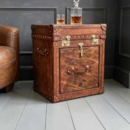 Vintage Style Side Table - Medium Brown Hand Dyed Leather Chest Bespoke Lift Lid Drawer - thumbnail 4