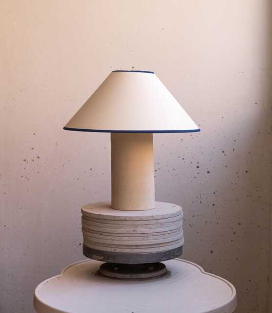 Handmade Ceramic Table Lamp, A Lighting & Decorative Object. Beige Base Shade With Blue Trim - image 1