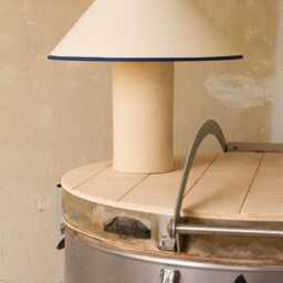 Handmade Ceramic Table Lamp, A Lighting & Decorative Object. Beige Base Shade With Blue Trim - thumbnail 2