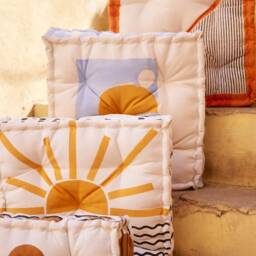 Hand Block Printed Floor Cushion - Reversible Sunrise Cotton Pouf Artisan Boho Pillow, Jaipur - thumbnail 2