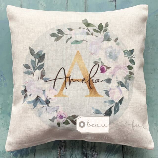 Personalised Name & Initial White Pink Floral Wreath Design Home Quote Linen Style Cushion Cover