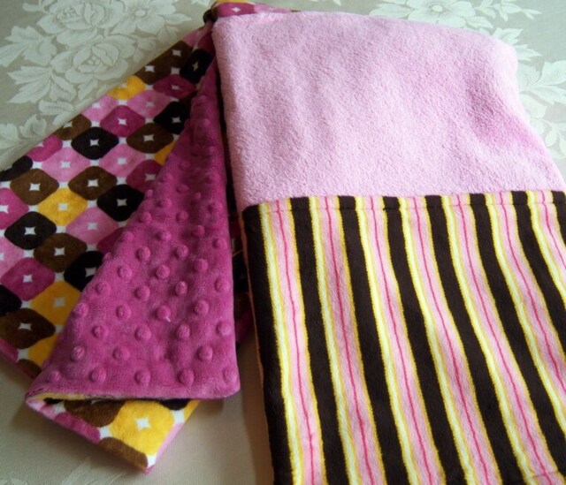 Sale Pinks, Browns, Bright Yellow Crazy Squares & Stripes Minky Baby/Toddler Blanket - image 1