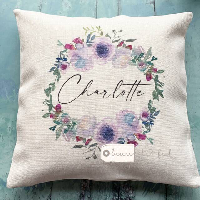 Personalised Name & Initial Lilac Pink Floral Greenery Design Home Quote Linen Style Cushion Cover