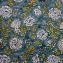 Hand Block Print Linen Lumbar Pillow Cover Antique Blue Background & Olive Green Floral Design - thumbnail 2