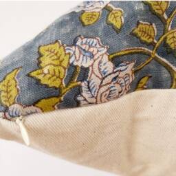 Hand Block Print Linen Lumbar Pillow Cover Antique Blue Background & Olive Green Floral Design - thumbnail 3