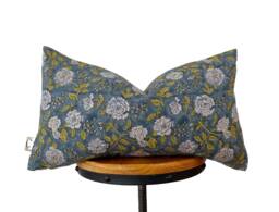 Hand Block Print Linen Lumbar Pillow Cover Antique Blue Background & Olive Green Floral Design - thumbnail 1