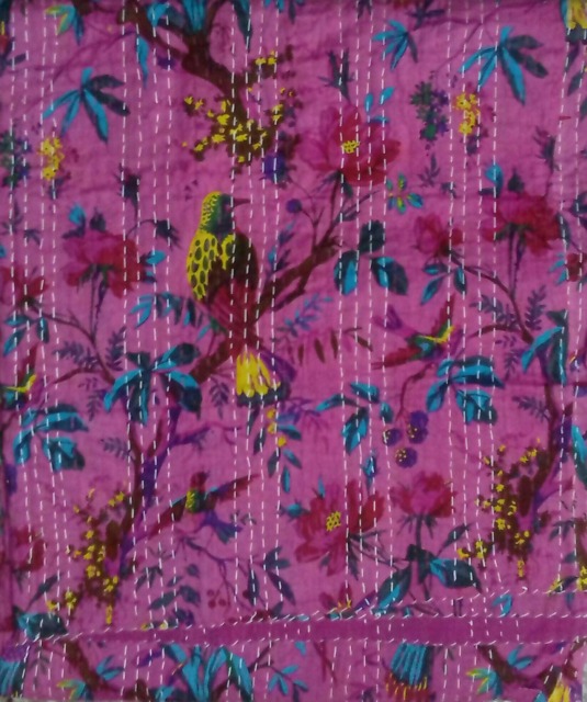 Bird Print Indian Handmade Floral Kantha Quilt Bedspread Bedcover Coverlet Size-Multi - image 1