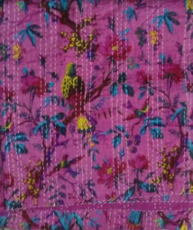 Bird Print Indian Handmade Floral Kantha Quilt Bedspread Bedcover Coverlet Size-Multi - thumbnail 1