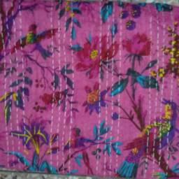 Bird Print Indian Handmade Floral Kantha Quilt Bedspread Bedcover Coverlet Size-Multi - thumbnail 2