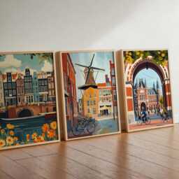 Set Of 3 Amsterdam Posters, Netherlands Travel Dutch Wall Art Prints, Iconic Poster Set, European City Prints - thumbnail 3