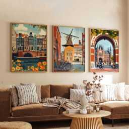 Set Of 3 Amsterdam Posters, Netherlands Travel Dutch Wall Art Prints, Iconic Poster Set, European City Prints